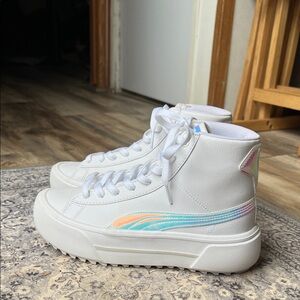 White High-Top Platform Sneakers with Iridescent Accent